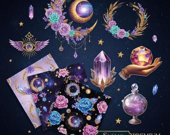 Midnight Moon Floral PNG Clipart and Celestial Digital Paper