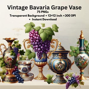 Puede incluir: Colección de jarrones de uvas Bavaria vintage y un juego de tazas. Los jarrones son ornamentados, con detalles dorados, patrones azules y blancos e ilustraciones de animales y figuras. Racimos de uvas moradas y hojas verdes se disponen entre los jarrones.