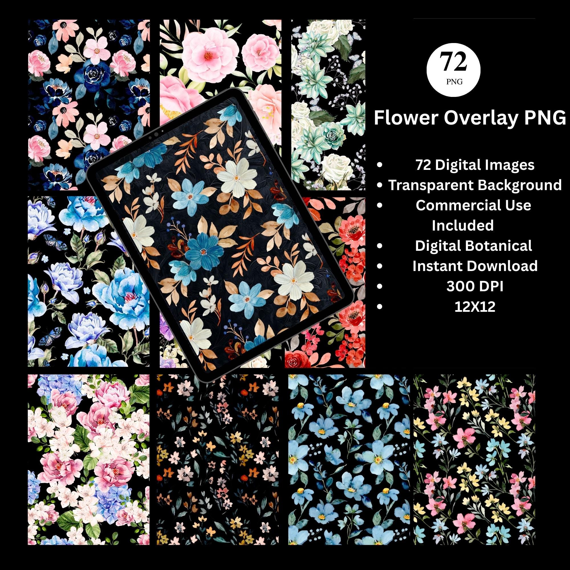 Overlay Flower Vector Seamless Flower Overlay PNG – Botanical Watercolor Clipart for ...