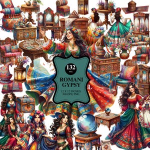 Puede incluir: Una colección de arte digital con ilustraciones temáticas de gitanos rumanos. La imagen incluye mujeres con vestidos coloridos, muebles y objetos decorativos. El texto de la imagen dice "Romani Gypsy" y "12 x 12 inches 300 DPI | PNG".