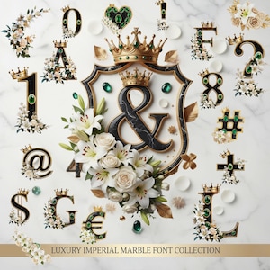 May include: A collection of decorative letters, numbers, and symbols with a luxury imperial marble font design. Each character is black with gold accents, a crown, and floral arrangements. The text "Luxury Imperial Marble Font Collection" is at the bottom.