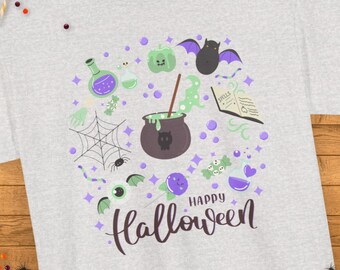 Witch Potion Unisex T-Shirt, Cotton, Halloween Graphic Tee with Cauldrons and Bats, Sizes S-5XL