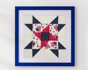 Patriotic Framed Quilt Block - Real Hand-Picked Fabric - Country / Americana / Farmhouse Decor - 4th of July Holiday Colors
