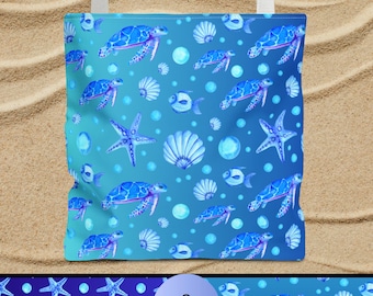 Sea Turtle Tote Bag - Ocean Animal Print Beach Bag with Starfish, Seashells | Blue Underwater Tote for Kids & Adults | Cruise Gear, Gift