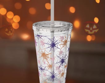 16 Unzen Spinnennetz Becher mit Stroh, Halloween-Tasse, buntes Web-Trinkgeschirr, gruseliger Herbstbecher, Geschenk für Halloween-Liebhaber, wiederverwendbarer Strohbecher