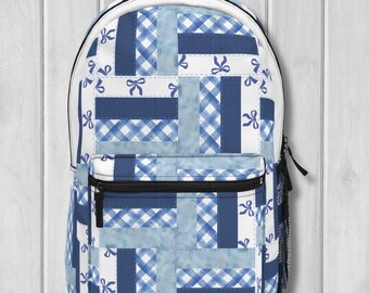 Blue Hearts Pattern With White and Blue Flowers - Backpack  display picture 1