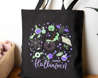 Witch Brew Halloween Tote Bag - Spooky Potion, Bats Canvas Bag with Candy, Webs & Eyeballs - Reusable Trick or Treat Market Tote