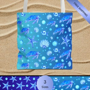 Sea Turtle Tote Bag - Ocean Animal Print Beach Bag with Starfish, Seashells | Blue Underwater Tote for Kids & Adults | Cruise Gear, Gift