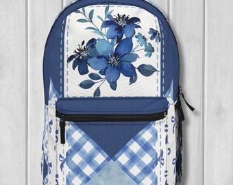 Blue Daisy Print Backpack: Trendy Floral Travel Bag - Etsy display picture 1