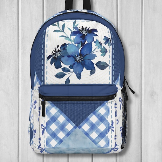 Blue Floral Pattern Backpack | Casual School Bag, Travel  display picture 2