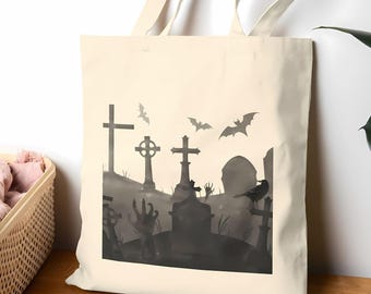 Graveyard Halloween Tote Bag - Gothic Cemetery Canvas Bag with Crosses, Ravens & Bats - Spooky Zombie Horror Market Tote, Black or Natural
