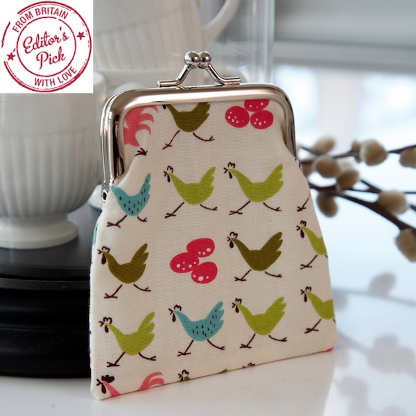 Small Coin Clasp Purse in Pastel Pink and Green Hens Print