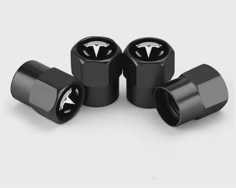 4x BLACK TESLA Tire Valve Stem Caps For Car, Truck Universal Fitting Free Ship