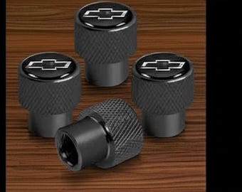 Chevrolet Chevy Black Logo Tire Valve Stem Caps: Aluminum, Set of 4