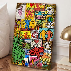 Plaque en métal colorée style graffiti pop art, décoration murale rétro, collage abstrait, décoration moderne pour salle de jeux, cadeau original