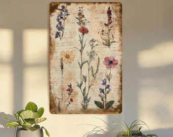 May include: A rectangular metal sign featuring botanical illustrations of various flowers in shades of purple, red, yellow, and pink. The background has a vintage, aged appearance with script-like text. The sign has a brown border and the word "Kanyawe" in the upper right corner.
