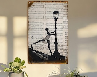 Ballerina on Lamppost Metal Sign,Vintage Sheet Music Sign,Personalized Sign,Art Collage Decor,Street Lamp Sign,Musical Notes,Gift for Friend