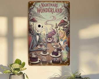Nightmare In Wonderland Metal Sign,Alice In Wonderland Sign,Tea Party Wall Decor,Vintage Comic Style Sign,Personalized Sign,Jack Skellington