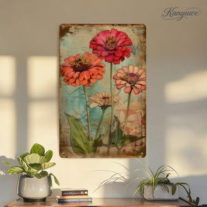 Letreros metálicos retro de zinnia, decoración de pared con flores vintage, letrero floral en tonos cálidos de 30 x 20 cm, diseño floral gigante, letreros personalizados, decoración envejecida, regalo para amigos.