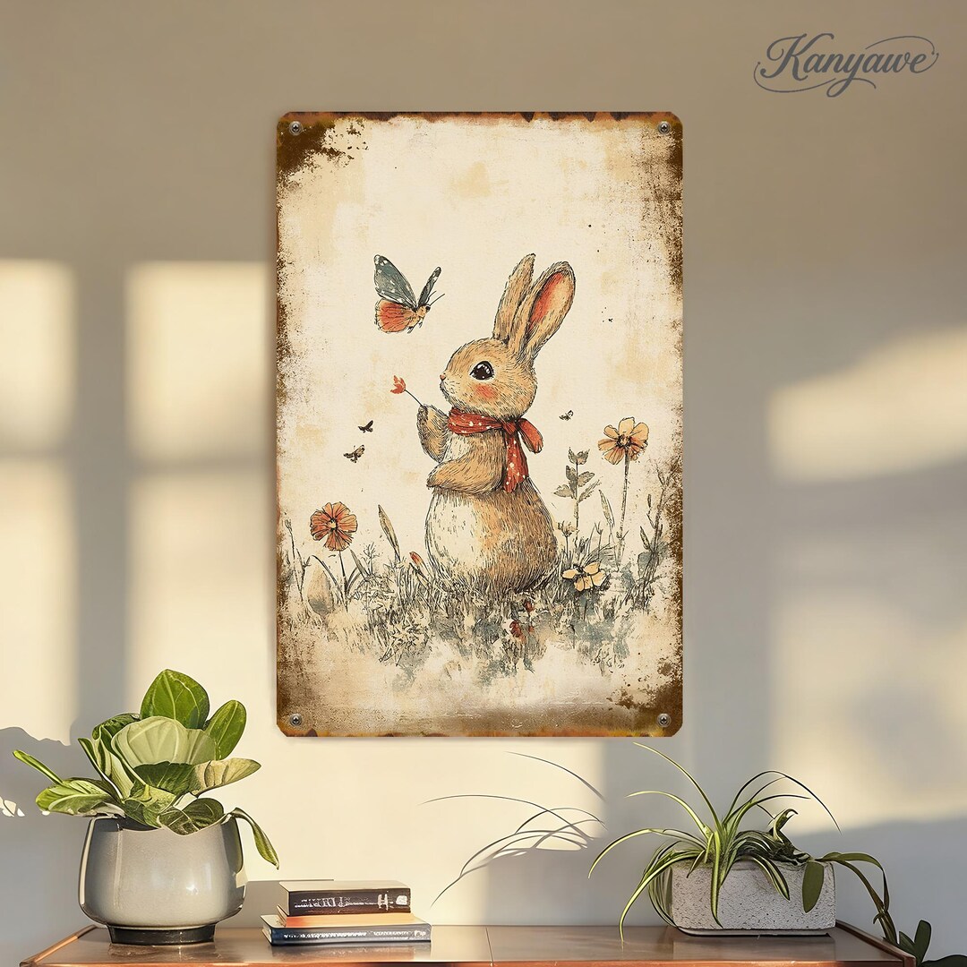 Cute Rabbit Sign,butterfly&flower Decor,vintage Tone Sign,personalized ...
