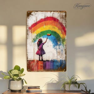 Rainbow Painter Metal Sign,Banksy-Style Tin Sign,Personalized Sign,Childlike Creativity Wall Decor,Street Art Style Sign,Urban Graffiti Sign