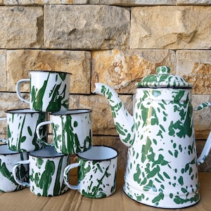 Teapot Enamelware Green Blirik set 1600ml &  6pcs mug 7cm 200ml, Rustic Vintage Style
