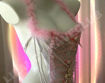 Pink Hello Kitty-Inspired Lingerie Set – 3-Piece Fluffy Dress Top + White Bow Fishnet Socks + Underwear | Kawaii Coquette Ravewear