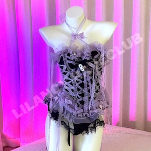 Purple Kuromi-Inspired Lingerie Set – 3-Piece Dress Top + Black Fishnet Half Socks + Underwear | Pastel Goth Ravewear | Dark Kawaii Outfit