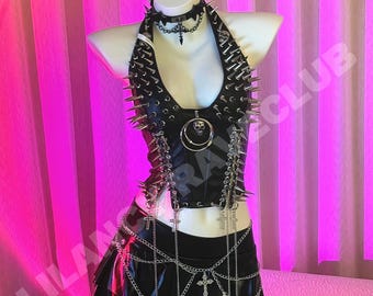 Black Rave Outfit 4-Piece Set – Rivet Top + Skirt + Cross Waist Chain + Cross Choker | Gothic Festival Outfit | Alt Clubwear | Y2K Rave Look