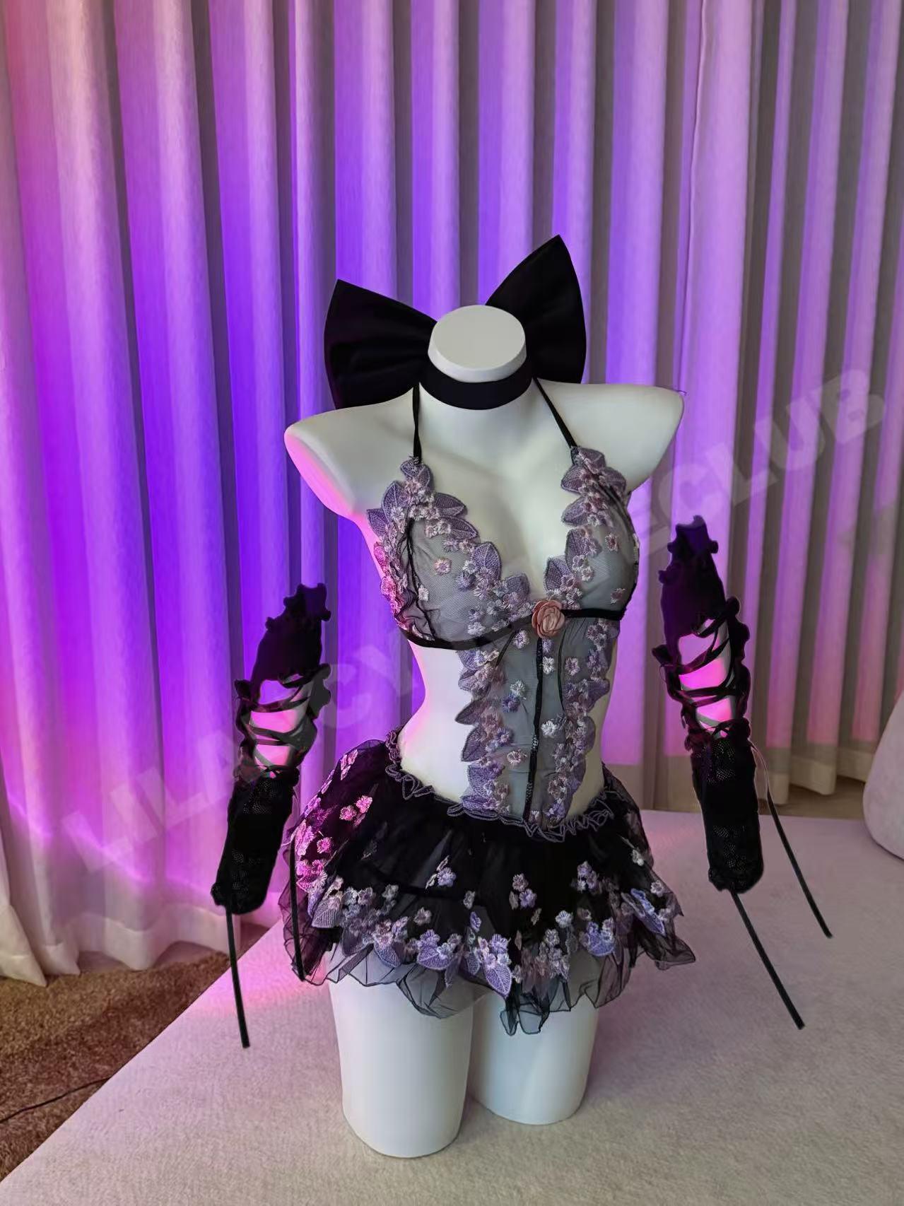 Dark Fairy Rave Outfit Set – 4-Piece Black Mesh Floral Bodysuit with Gloves, Bow & Matching Underwear | Soft Grunge Festival Look