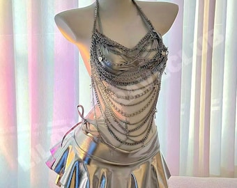 Silver Chain Bikini Rave Set – Adjustable Top with Metallic Skirt | Festival Outfit | Clubwear | Burning Man | Coachella Look