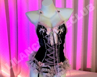 Kawaii Goth Lingerie Set – 3-Piece Lace Trim Dress Top + Leg Rings + Underwear | Dark Fairycore Rave Outfit | Pastel Pink & Black Clubwear