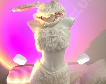 Fluffy Bunny Costume 4 Piece Set Halloween Outfit White Furry Ravewear Kawaii Festival Cosplay Ears Top Shorts Cuffs