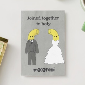 Unidos em Macarrão Sagrado – Cartão de Casamento Engraçado | Cartão de Felicitações com Trocadilho com Macarrão | Ilustração de Macarrão para Noivos