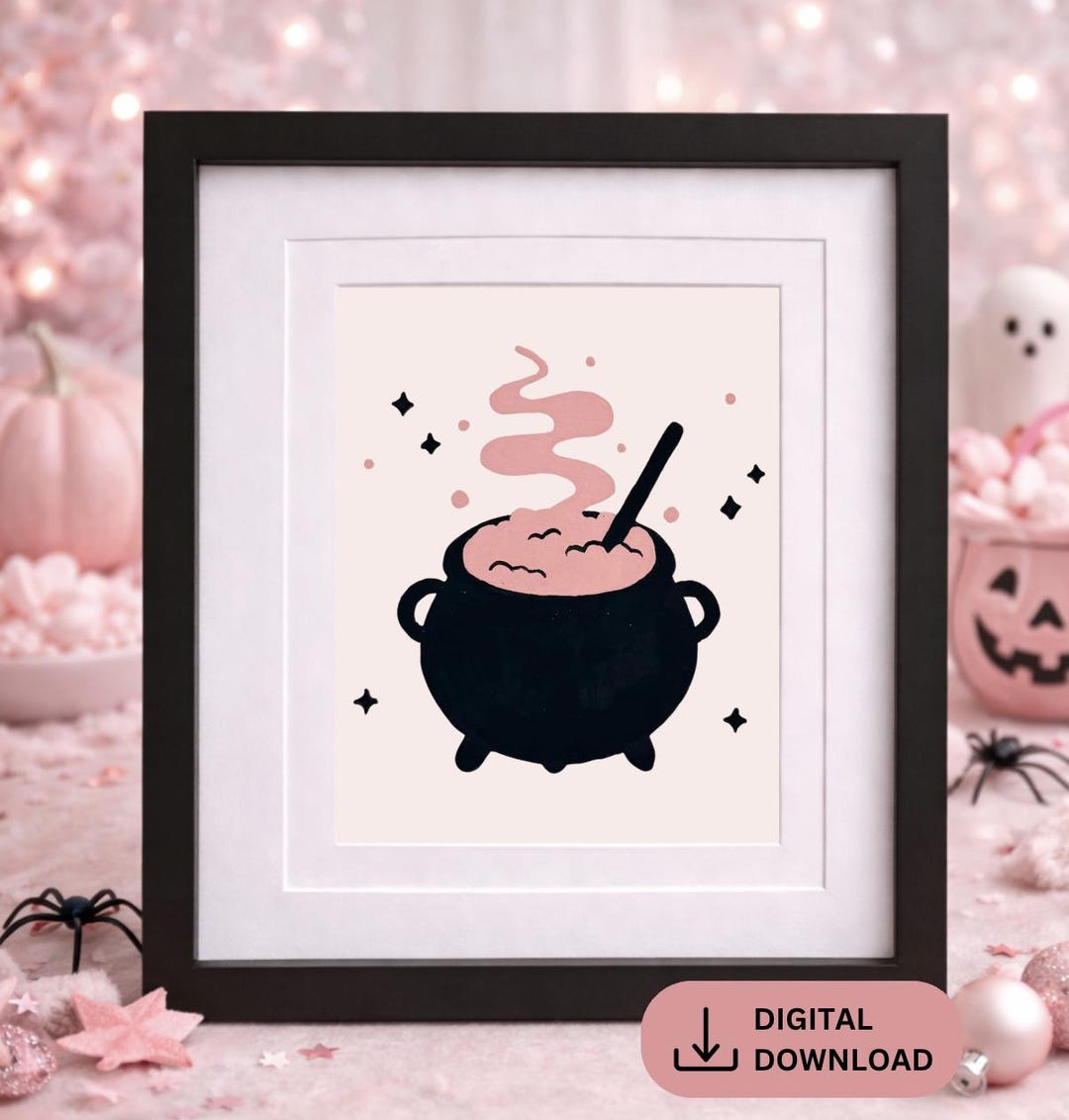 Pink Witch Cauldron Print – Cute Halloween Wall Art, Soft Spooky Decor ...