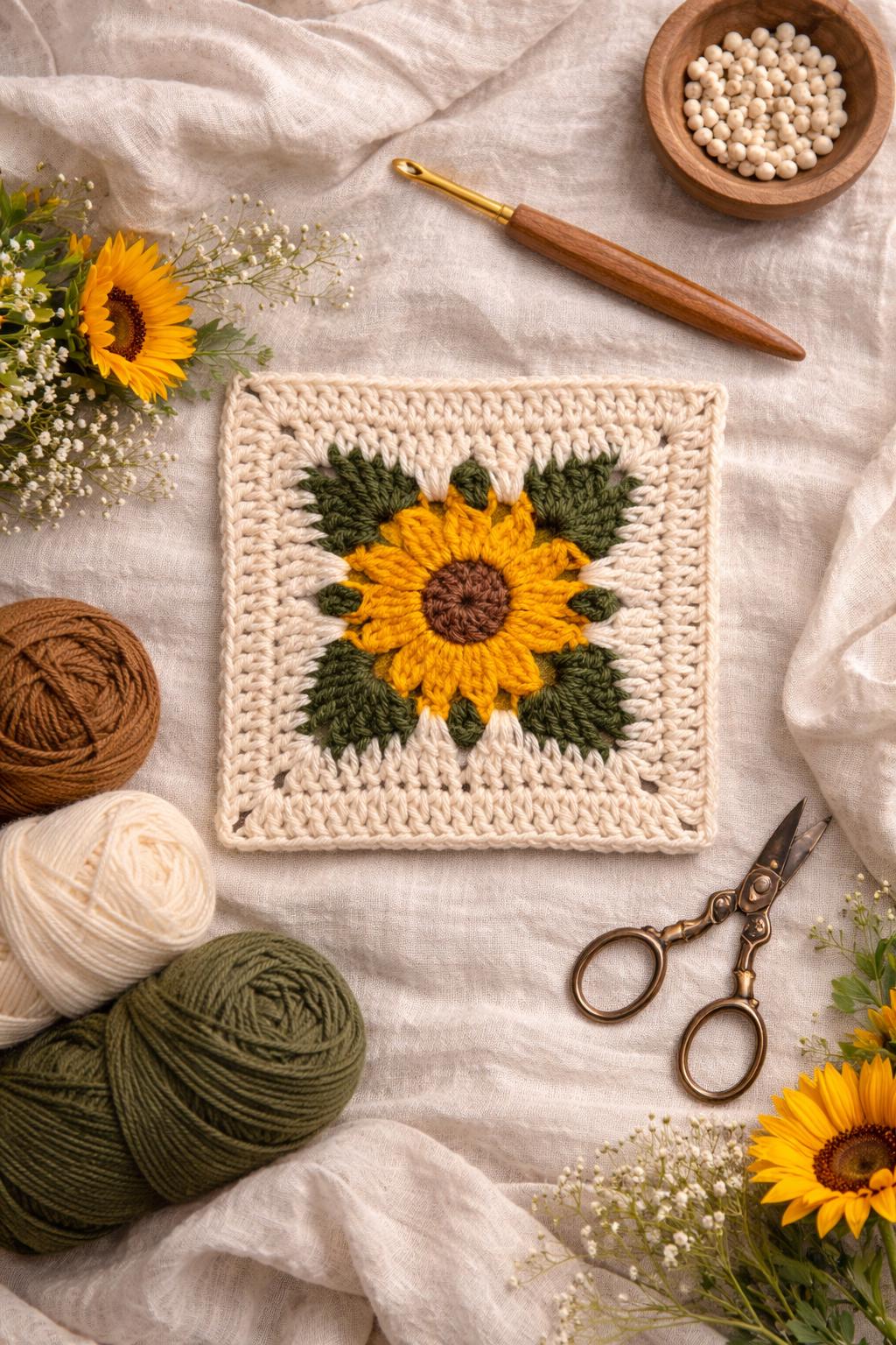 Handmade 7" Crochet Sunflower Granny Square - Boho Floral Fiber Art in Gold, Green & Cream
