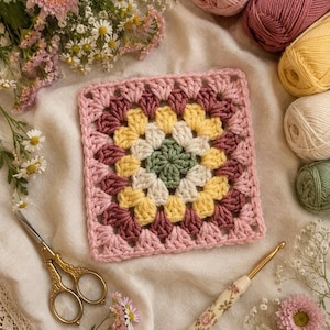 Classic Crochet Granny Square | Handmade Crochet | Cottagecore | Vintage | Patchwork | Pink, Yellow, & Sage Green