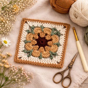 Puede incluir: Un cuadrado de ganchillo hecho a mano con un diseño floral en tonos marrón, blanco y verde. El cuadrado de ganchillo está rodeado de ovillos de lana, un ganchillo y unas tijeras. La pieza está sobre una tela de color neutro.