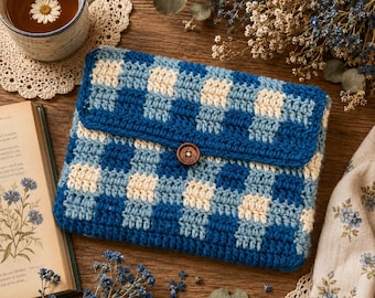 Blue Forget-Me-Not Gingham Crochet Book Sleeve | Handmade Padded Book Cover | Bookish Gift for Readers