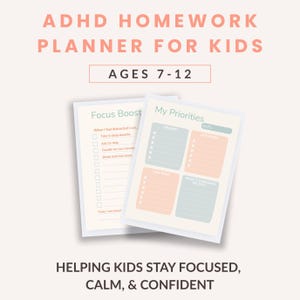 Puede incluir: Planificador de tareas para niños con TDAH, para edades de 7 a 12 años. El planificador incluye secciones para mejorar la concentración y priorizar tareas. El texto dice: "Ayudando a los niños a mantenerse enfocados, tranquilos y seguros."