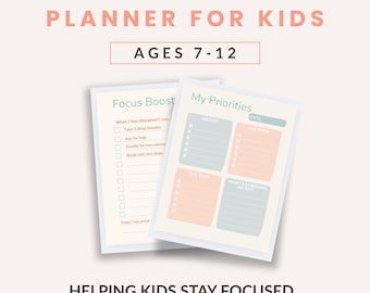 May include: ADHD homework planner for kids, ages 7-12. The planner includes sections for focus boosts and prioritizing tasks. The text reads "Helping kids stay focused, calm, & confident."