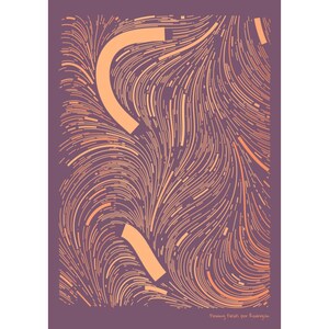 Peut inclure: Impression artistique abstraite avec un fond violet et des lignes orange. Les lignes courbent et coulent, créant une sensation de mouvement. Deux formes orange sont en haut à gauche et en bas à droite. Le texte "Flowing Fields por Rodriguez" est en bas à droite.