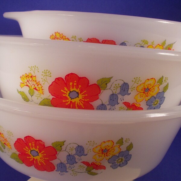 SALE - Vintage Glasbake Casseroles, Set of Three (3), Yellow, Orange and Blue Flowers