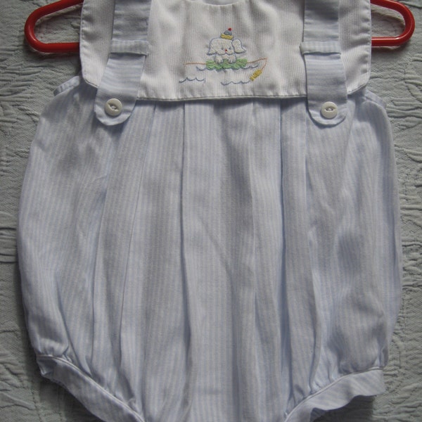 Vintage baby boy NAUTICAL BUBBLE summer puppy in boat romper size 3-6 months embroidered bib