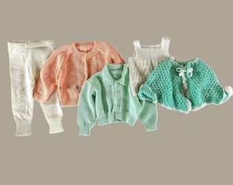 Vintage Handmade Baby Knit Set Lot 5 Pc Cardigans Pants Tank Cape Infant ~3-6M