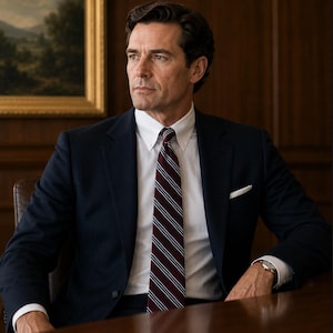 May include: A man in a navy blue suit, white shirt, and striped tie. The tie features burgundy and white stripes. A white pocket square is visible. The man is seated at a wooden table, with a painting in the background.