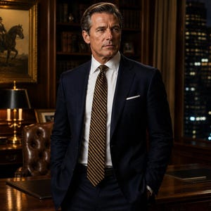 May include: A man in a navy blue suit, white shirt, and striped tie stands in a well-lit office. The tie features brown and gold stripes. The background includes a desk, a painting, and a window overlooking a city at night.