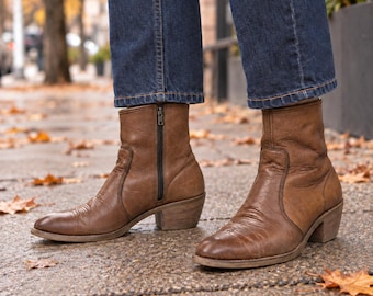 Vintage 1980s John Fluevog Western Ankle Boots Women 9M Brown Leather USA