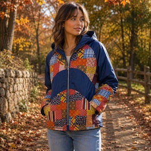 May include: A hooded jacket featuring a navy blue solid color on the sleeves and back, contrasted with a vibrant patchwork pattern on the front and hood. The patchwork design incorporates various autumn-toned fabrics in orange, yellow, and blue.