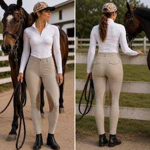 Könnte beinhalten: Beige Reithose mit braunem Kniebesatz, kombiniert mit einem weißen Langarmshirt und schwarzen Stiefeln. Eine gemusterte Kappe und ein Pferd sind ebenfalls zu sehen. Die Reithose hat eine hohe Taille und eine taillierte Passform.